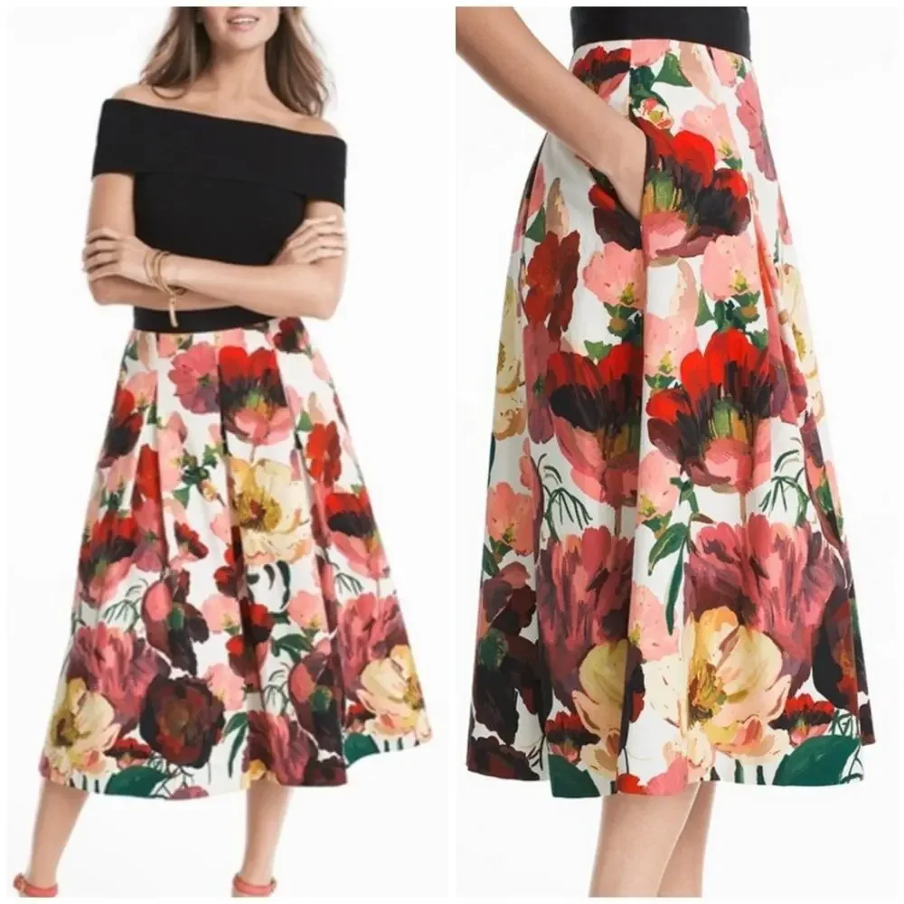 White House Black Market 00 Poppy Floral Midi Skirt Women Pleated Full-A Line - Picture 1 of 10